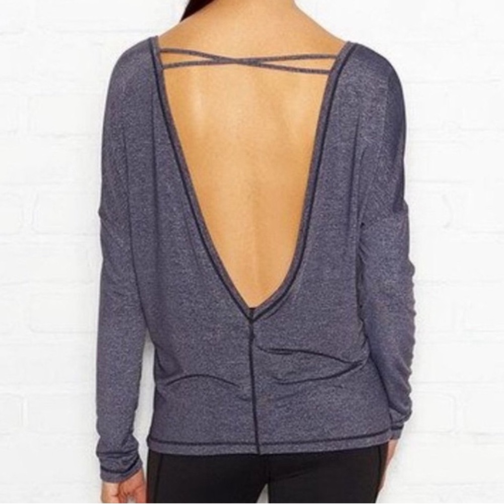 NWT Lucy Core Up LS Deep V Back Long Sleeve Fossil Heather Grey Workout Top Sz L